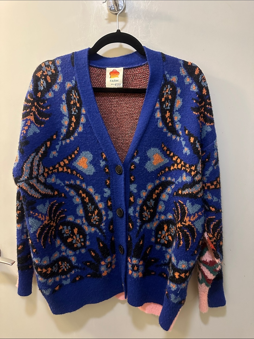 FARM Rio Royal Blue Floral Jacquard V-Neck Cardigan